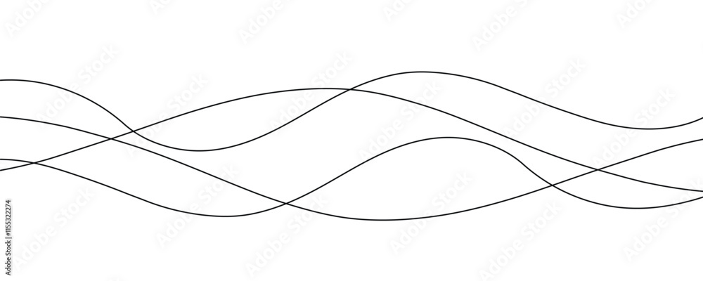 Curved black long lines on white, Wavy line horizontal divider outline minimalist background. Abstract black lines wave curve motion on white, Curved black long lines on white, Wavy line horizontal divider outline minimalist background. Abstract black lines wave curve motion on white,