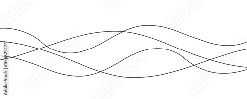 Curved black long lines on white, Wavy line horizontal divider outline minimalist background. Abstract black lines wave curve motion on white,