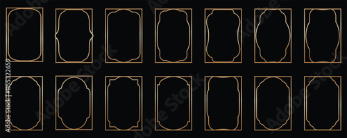 Set of simple line frames with double stroke. Collection of thin linear gold frame, cards, wedding invitations, restaurant menu, royal certificates. Elegant with sparkle and radiance on a.