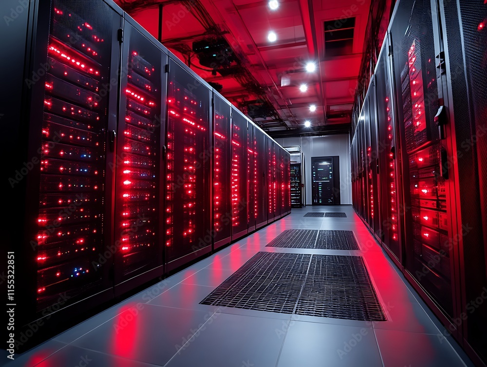 Fototapeta premium Red-lit server room with rows of data storage racks.