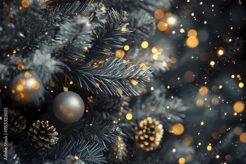 Close-up of a festive Christmas tree with silver and gold decorations photo