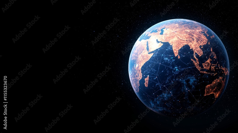 Fototapeta premium A stunning view of Earth from space, highlighting continents and city lights against a dark void, showcasing the planet's beauty and interconnectedness.