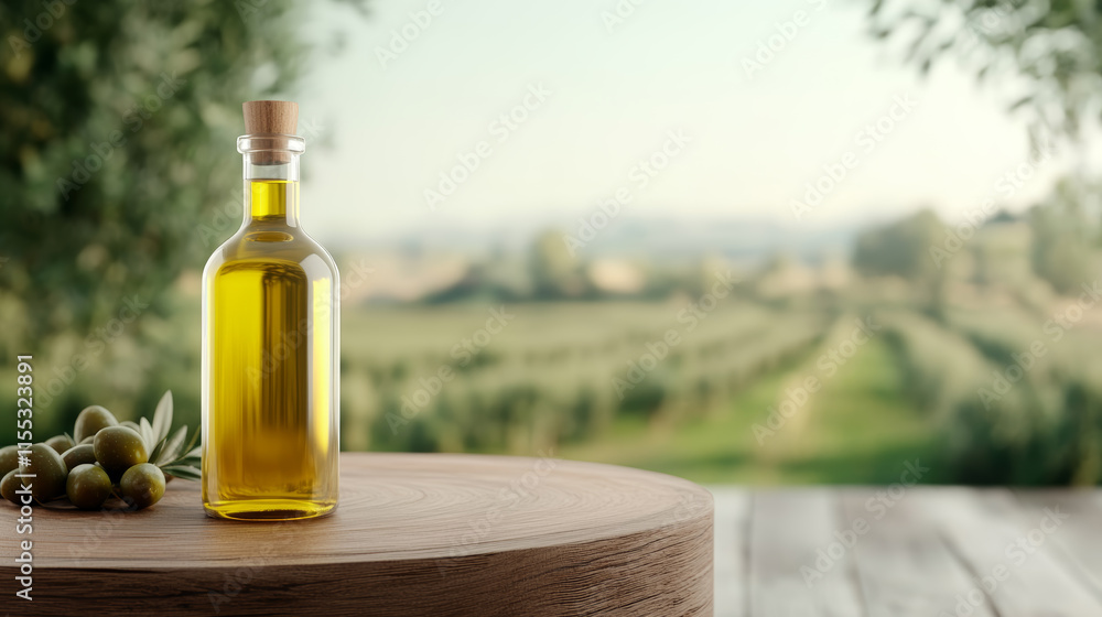 Olive oil in glass bottle on wooden table with scenic view of olive grove during daytime Olive oil in glass bottle on wooden table with scenic view of olive grove during daytime