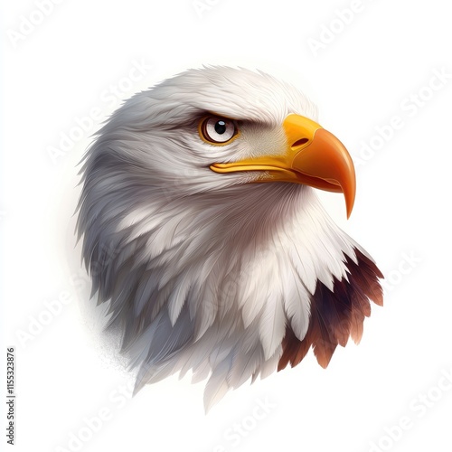 Majestic Eagle Head Portrait with Detailed Feathers and Intense Gaze on White Background