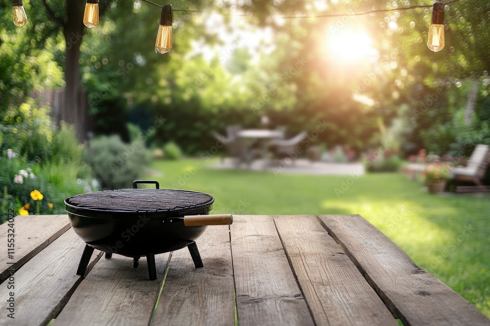 Summer time in backyard with wooden table, grill BBQ and blurred background Summer time in backyard with wooden table, grill BBQ and blurred background