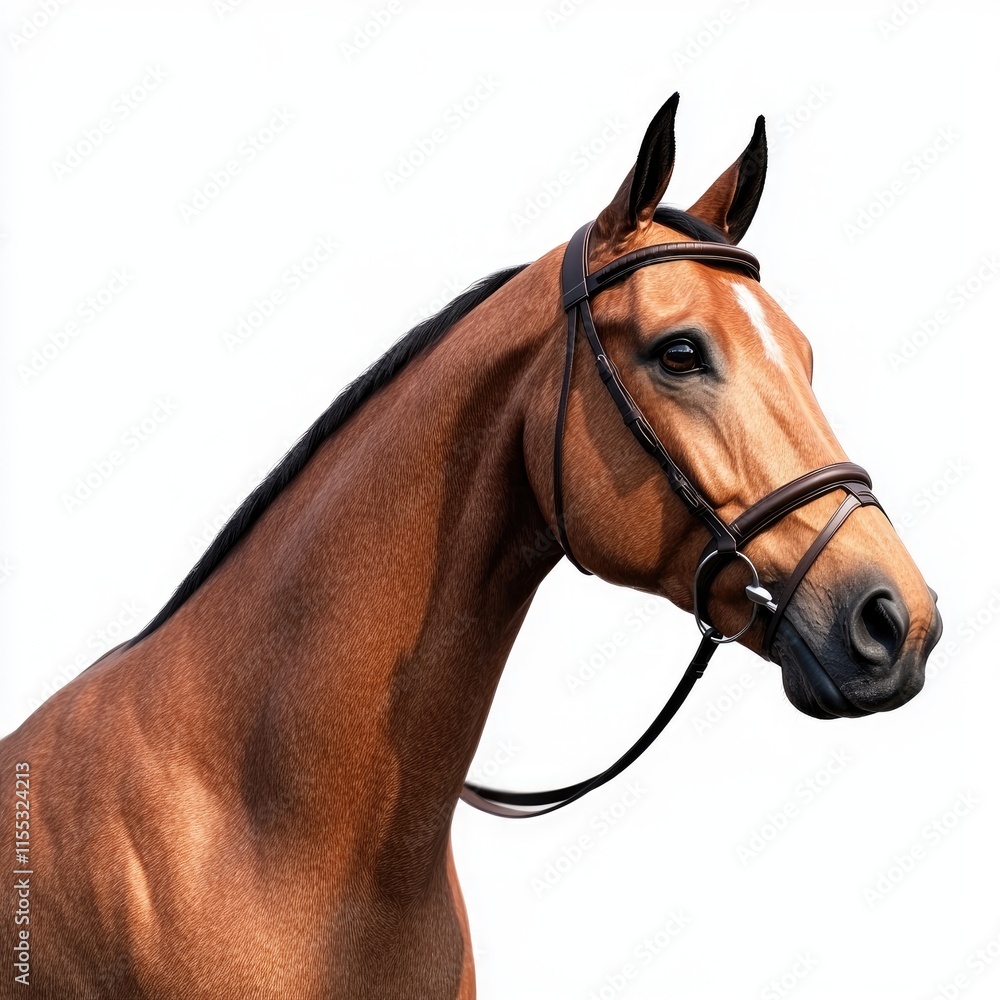 Majestic Brown Horse Portrait with Elegant Mane and Detailed Bridle Against Neutral Background for Stock Photography Use Majestic Brown Horse Portrait with Elegant Mane and Detailed Bridle Against Neutral Background for Stock Photography Use
