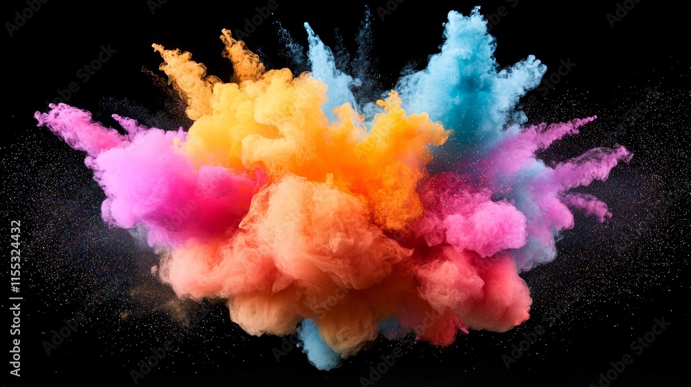 A vibrant explosion of colorful powder against a dark background, creating an artistic and dynamic visual effect. A vibrant explosion of colorful powder against a dark background, creating an artistic and dynamic visual effect.