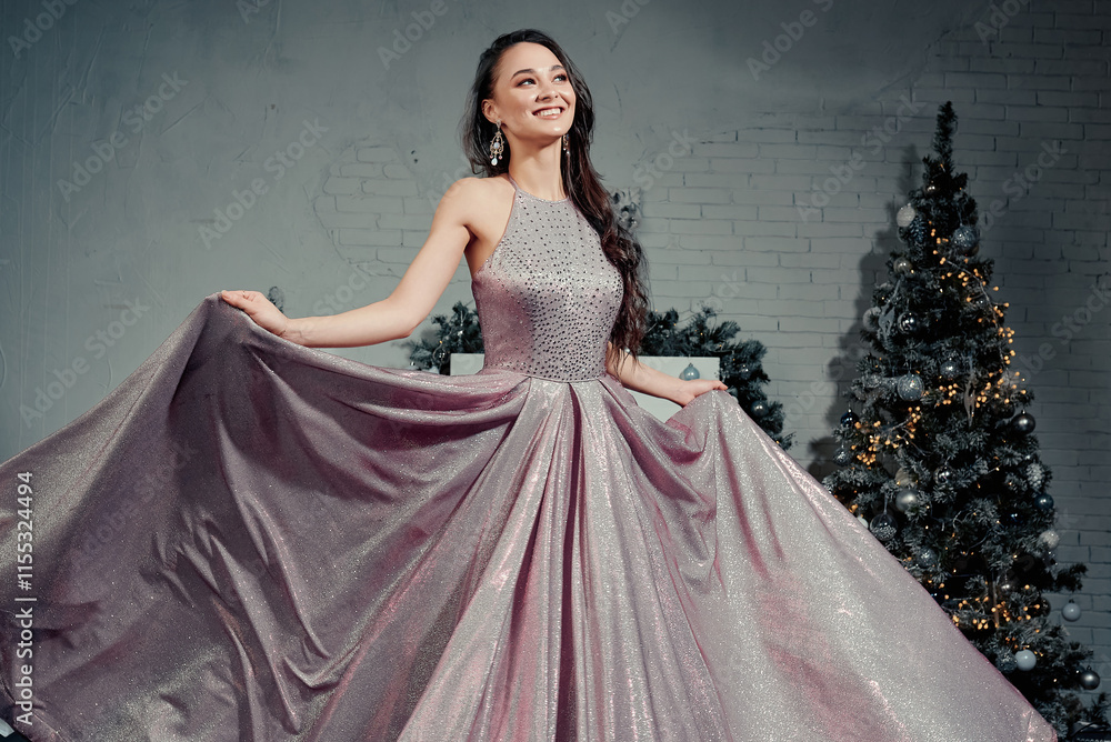 Fototapeta premium Smiling Woman Showcasing Elegant Sparkling Gown.