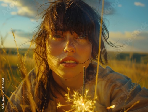 A young woman is outdoors during sunset, surrounded by a golden field, holding a sparkler that glows warmly under the evening sky. photo