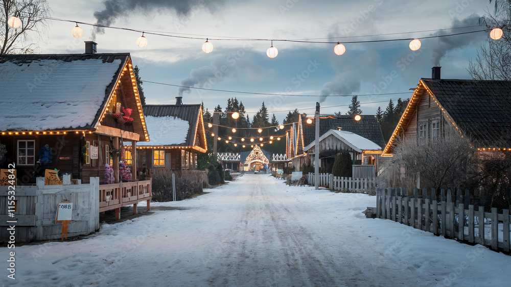Fototapeta premium Charming Snowy Winter Village at Dusk with Festive Lights and Cozy Wooden Cabins in Holiday Atmosphere