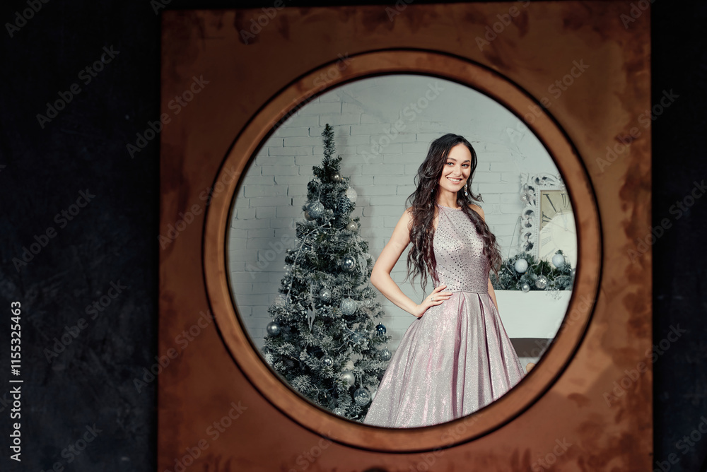 Smiling Woman Reflected in Festive Frame. Smiling Woman Reflected in Festive Frame.