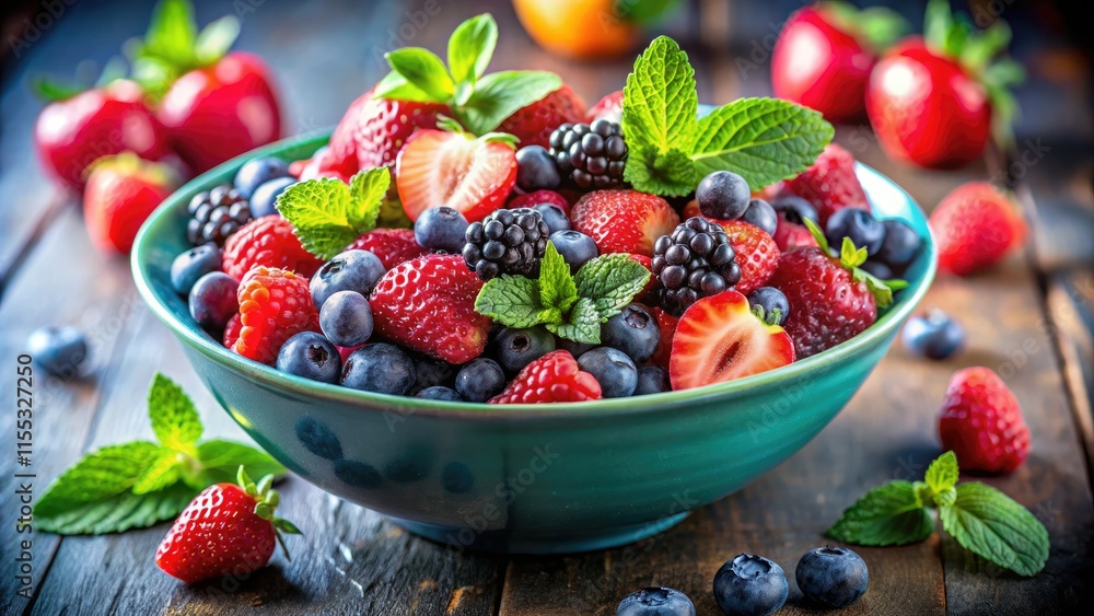 Fresh berries and mint create a delightful summer salad; captured with stunning bokeh food photography. Fresh berries and mint create a delightful summer salad; captured with stunning bokeh food photography.
