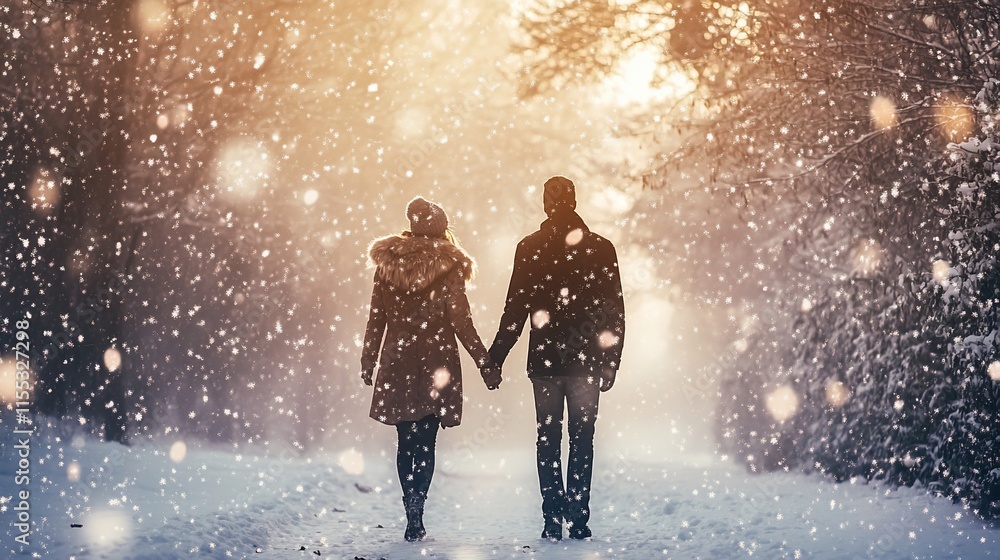 Romantic couple walking hand-in-hand in a snowy winter wonderland, bathed in golden sunlight. Romantic couple walking hand-in-hand in a snowy winter wonderland, bathed in golden sunlight.