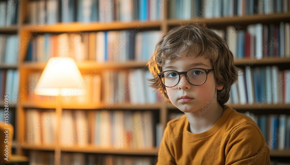 Smart young boy wearing glasses sitting in a library reading books Smart young boy wearing glasses sitting in a library reading books