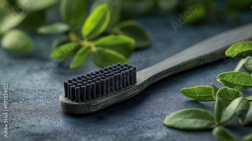 Sustainable dark gray toothbrush with dark bristles surrounded by fresh green leaves on a dark stone surface. photo