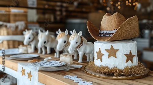 Rustic cowboy-themed birthday cake with horse figurines.