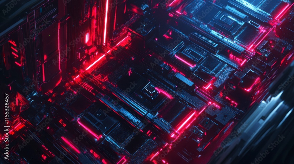 Futuristic Abstract Background with Neon Lights and Geometric Patterns in Red and Blue Creating a High-Tech and Cybernetic Visual Experience Futuristic Abstract Background with Neon Lights and Geometric Patterns in Red and Blue Creating a High-Tech and Cybernetic Visual Experience