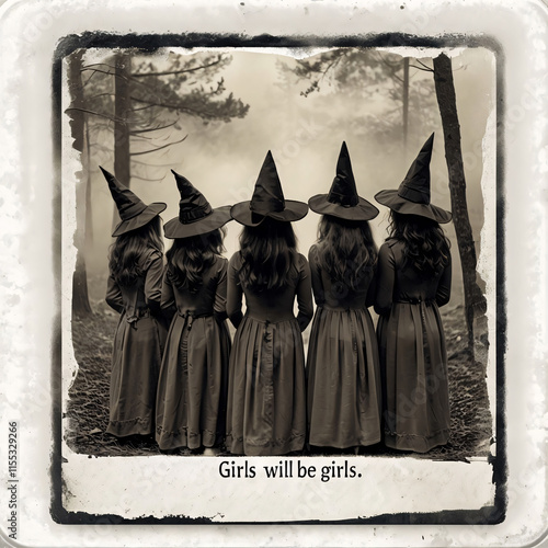 Girls will be girls, witches, coven, sisterhood, halloween, moon, spooky, forest, silhouette, vintage, retro, folklore, magic, occult, supernatural, enchantment, mystery, witchcraft, girl power, femin