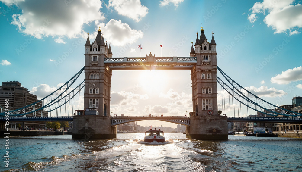 Obraz premium Sunset illumination casts a golden glow over the iconic Tower Bridge while a boat glides through the River Thames