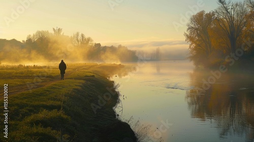 A person walking along a riverbank at dawn, feeling a sense of renewal and clarity