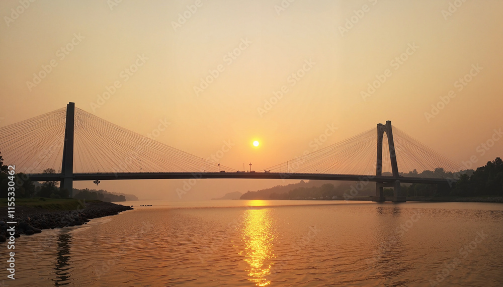 Golden sunset casts a warm glow over the serene river and modern bridge reflecting on the water Golden sunset casts a warm glow over the serene river and modern bridge reflecting on the water