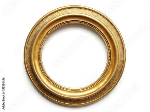 Minimalist European wood frame, gold leaf detail.  Classical round picture frame, white background.