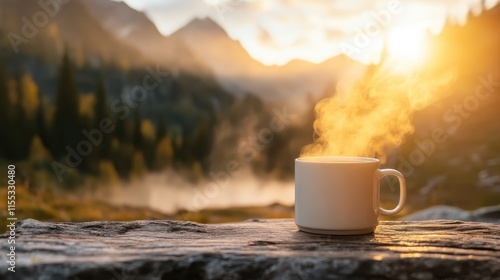 A steaming cup of coffee sits atop a mountain ledge as the sun rises, casting a peaceful and warm glow over the serene natural setting, symbolizing clarity. photo