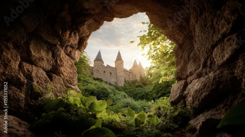 A captivating sight of ancient castle towers rising above verdant foliage, blending history with nature to create an inviting and adventurous scenery. photo