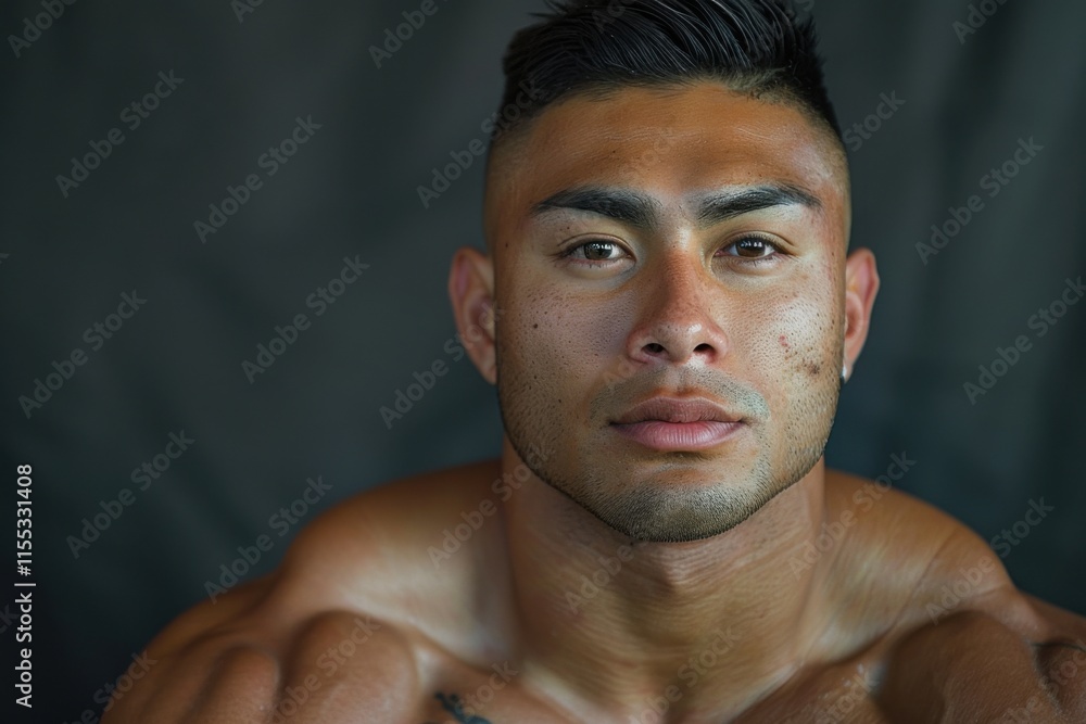 Portrait of a muscular young male model with a serious expression, sitting against a dark background. The focus is on his physique and facial features. Portrait of a muscular young male model with a serious expression, sitting against a dark background. The focus is on his physique and facial features.