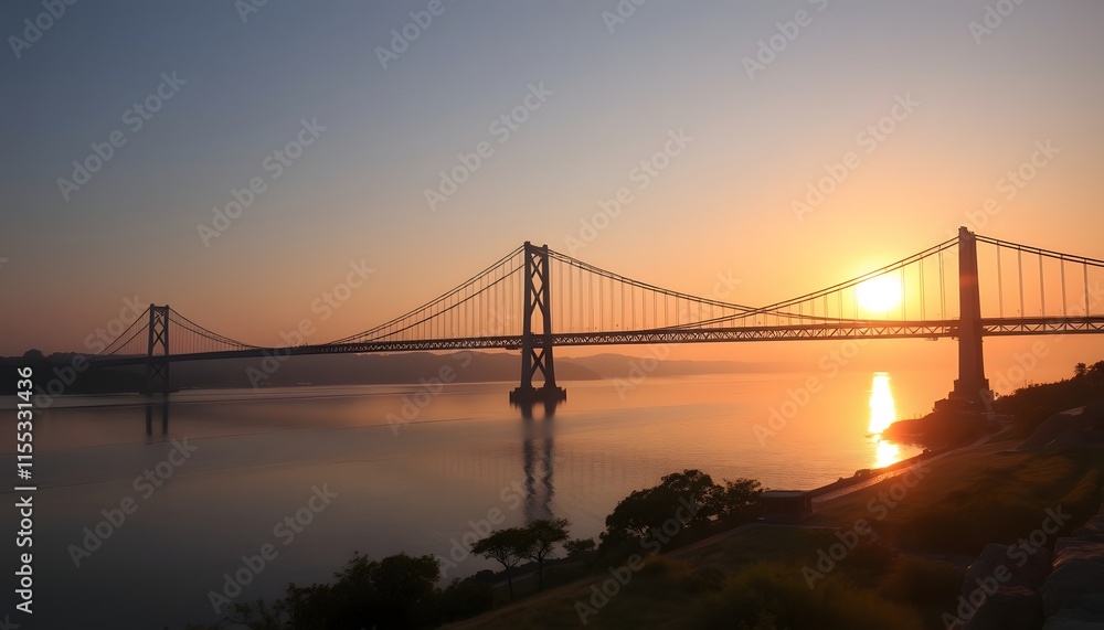 Obraz premium Sunrise over a majestic suspension bridge spanning a tranquil waterway.