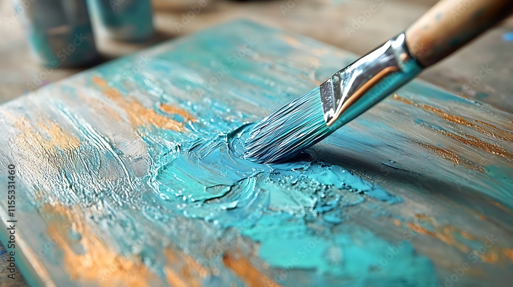 Fototapeta premium Close-up Photo: Artist Skillfully Applying Teal Acrylic Paint to Textured Canvas. AI Generated