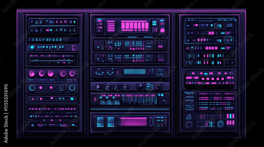 Futuristic Control Panel with Neon Lights Displaying Technological Interfaces for High-Tech and Sci-Fi Visuals and Designers Futuristic Control Panel with Neon Lights Displaying Technological Interfaces for High-Tech and Sci-Fi Visuals and Designers