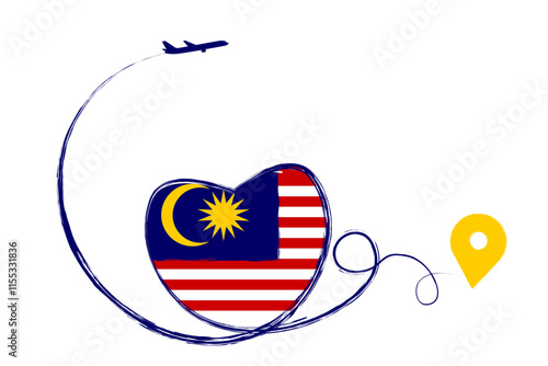 Flag of Malaysia. Heart, love romantic travel. Symbol of airplane, air plane, aircraft, aeroplane, flying, fly jet airline. Line path. Vector location pointer route. Travel for your web site design, l