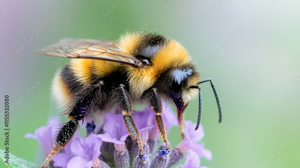 Bumblebee foraging on lavender, highlighting intricate pollination process and critical ecological interaction between insect and flowering plant Bumblebee foraging on lavender, highlighting intricate pollination process and critical ecological interaction between insect and flowering plant