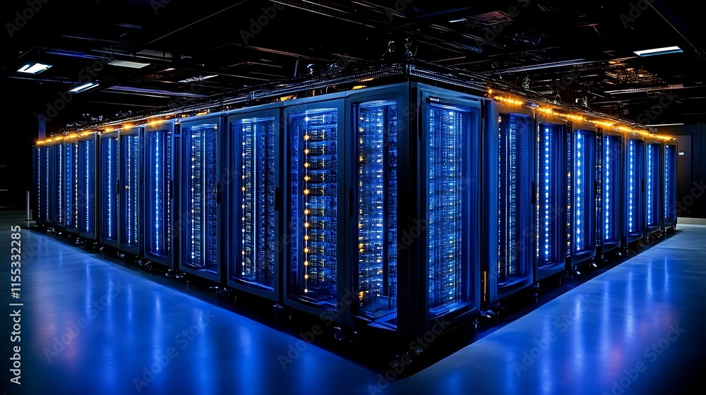 Illuminated server racks in a modern data center. Illuminated server racks in a modern data center.