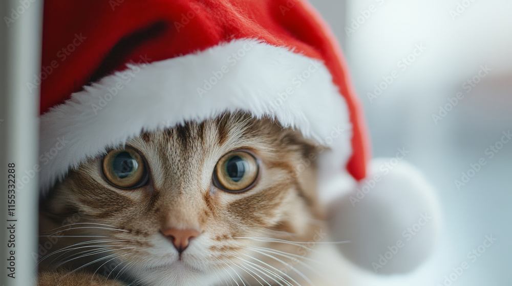 Adorable tabby cat wearing a Santa Claus hat, peeking out from behind a wall, creating a cozy and playful Christmas scene Adorable tabby cat wearing a Santa Claus hat, peeking out from behind a wall, creating a cozy and playful Christmas scene