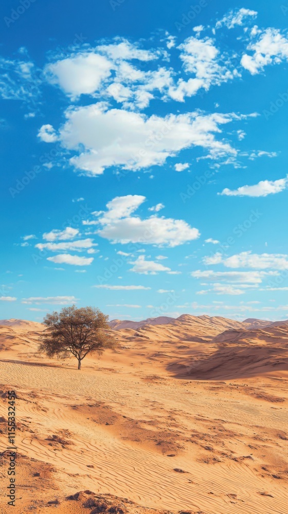 Fototapeta premium Vibrant anime-style desert landscape with isolated tree sahara desert digital art clear skies serene concept