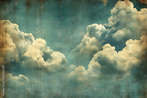 A Vintage Painting Depicting Fluffy Clouds in a Blue Sky