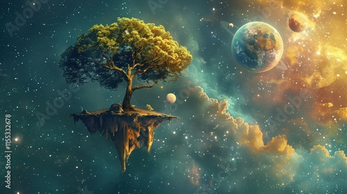 A lush green tree thrives on a floating island in a vibrant cosmic landscape, planets and nebulae in the background.