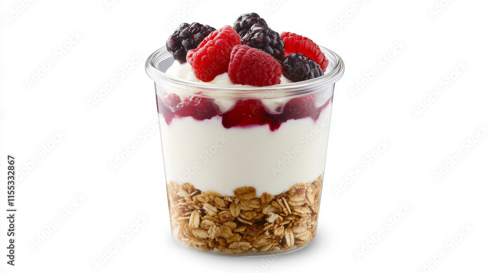 Delicious greek yogurt parfait layered with granola and fresh berries in a glass jar, creating a healthy and colorful breakfast or snack Delicious greek yogurt parfait layered with granola and fresh berries in a glass jar, creating a healthy and colorful breakfast or snack