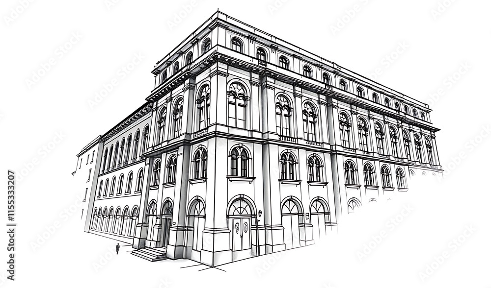 Obraz premium Elegant Building Sketch: Detailed Line Art Illustration. AI Generated