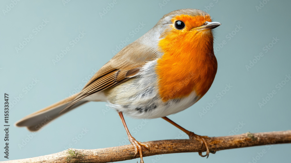 European robin displaying vibrant orange breast, perching delicately on slender branch against soft gray-blue backdrop, capturing serene spring essence European robin displaying vibrant orange breast, perching delicately on slender branch against soft gray-blue backdrop, capturing serene spring essence
