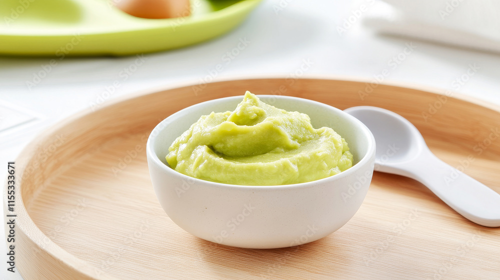 Creamy mashed avocado served on wooden high chair tray with silicone spoon, highlighting nutritious infant meal preparation Creamy mashed avocado served on wooden high chair tray with silicone spoon, highlighting nutritious infant meal preparation