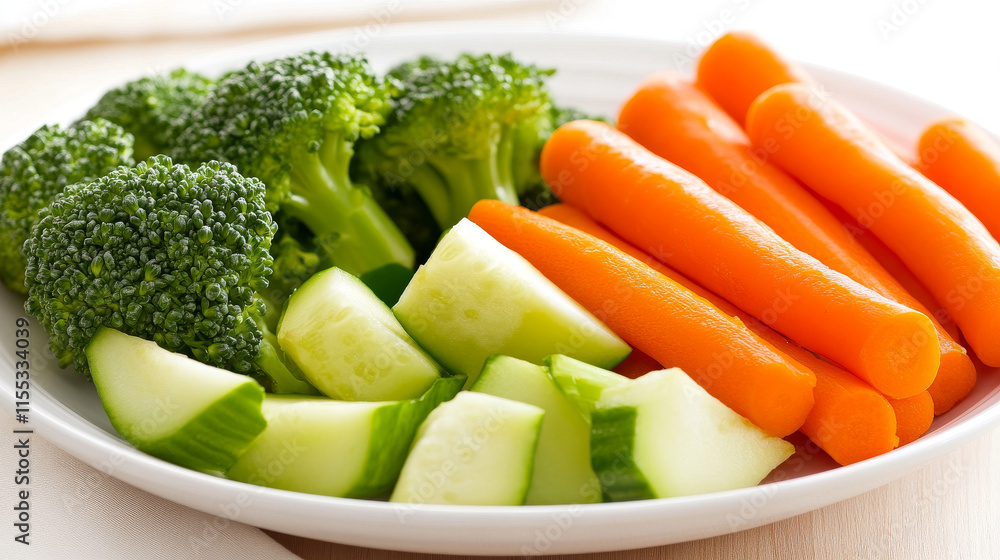 Steamed broccoli, carrots, and cucumber arranged on a white plate, offering a nutritious and visually appealing meal option for healthy eating Steamed broccoli, carrots, and cucumber arranged on a white plate, offering a nutritious and visually appealing meal option for healthy eating