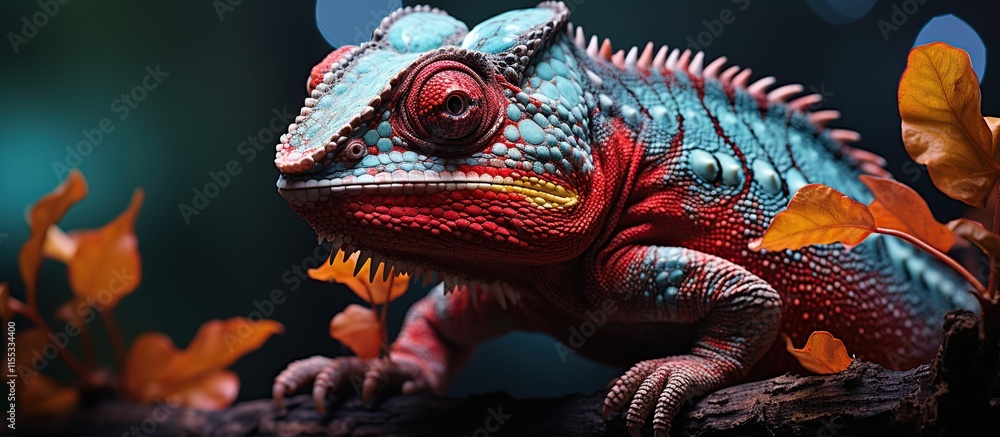 Colorful chameleon on a branch with flowers in the forest Colorful chameleon on a branch with flowers in the forest