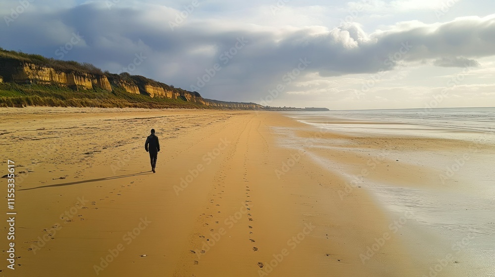 A solitary figure walks the wide sands of Omaha Beach, their shadow long under the morning light, with faint imprints of footprints trailing behind