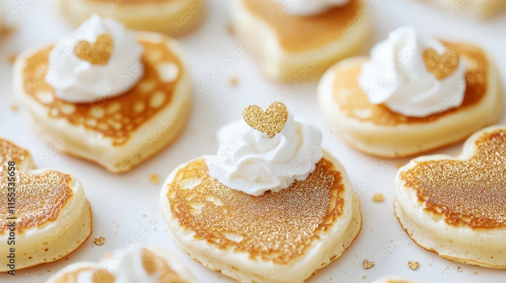 Heart-shaped pancakes topped with whipped cream and a sprinkle of gold, perfect for a sweet celebration or brunch. Heart-shaped pancakes topped with whipped cream and a sprinkle of gold, perfect for a sweet celebration or brunch.