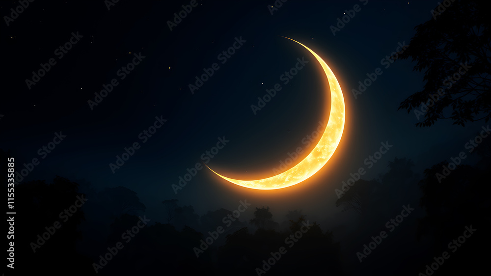 Naklejka premium Abstract crescent moon and stars glowing softly on a gradient background of deep blue and gold