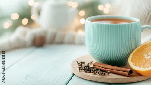 A cozy cup of tea placed on a wooden platter, surrounded by spices like cinnamon and cloves in a softly lit ambiance, evoking warmth and comfort. photo