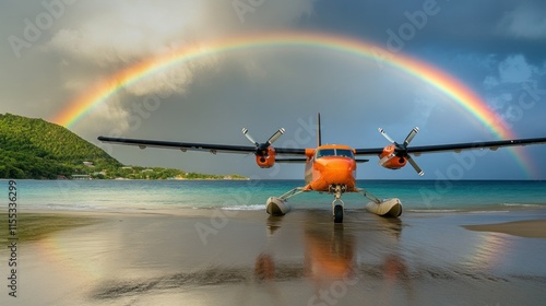 The Twin Otter Seaplane at rest in St. Croix, with a rainbow arching across the sky after a brief tropical rain shower.